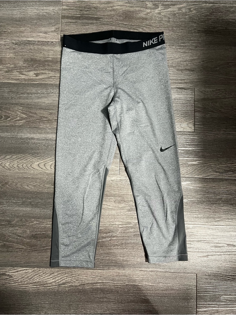 Nike Pro Gray Capri Performance Leggings with Black Waistband